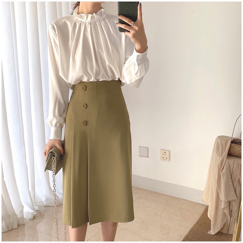 Áo sơ mi nữ phong cách Hàn Quốc cổ xếp ly đính hạt cao cấp