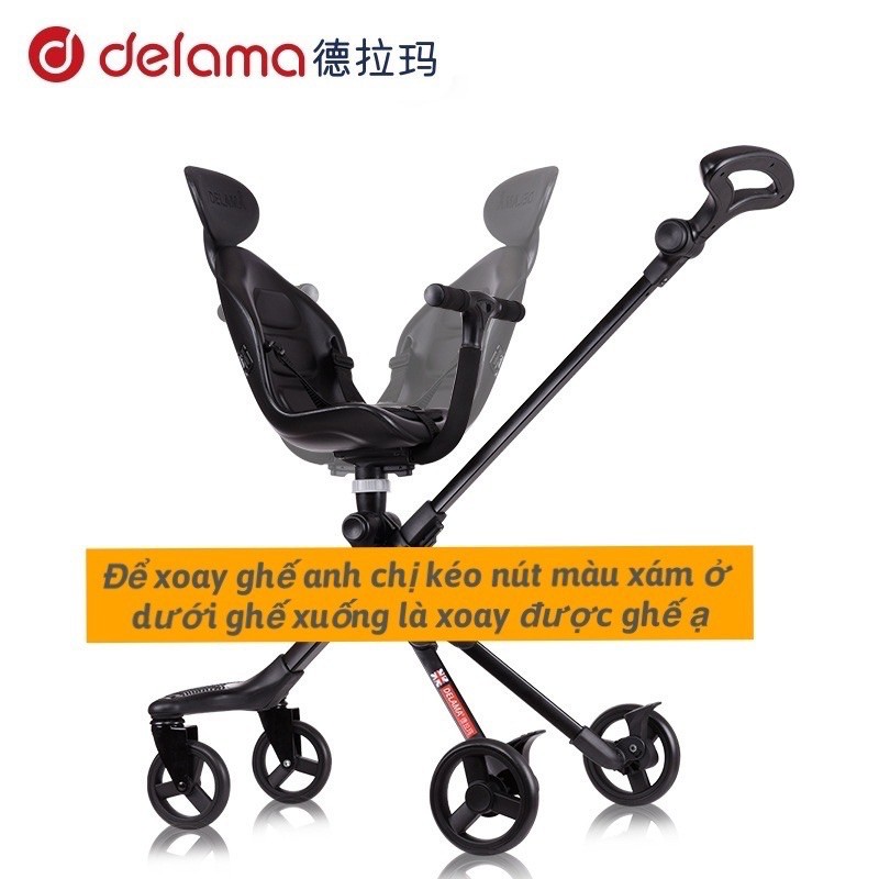 Xe đẩy du lịch gấp gọn Delama Black mẫu mới năm 2020 tay cầm chữ U và T ghế ngồi xoay 360 độ hàng chính hãng