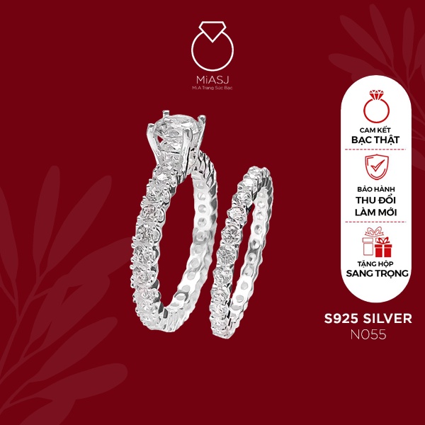 Set 2 nhẫn nữ bạc Ý S925 đính full đá MiASJ lấp lánh kiểu dáng độc đáo N055