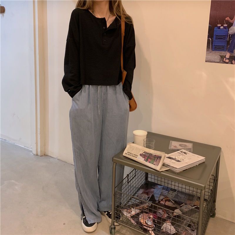 Áo Thun Dài Tay Dáng Rộng Phối Nút Cá Tính Theo Phong Cách Hàn Quốc