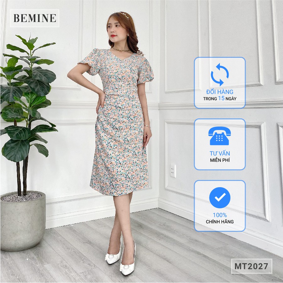 Đầm xòe nữ kiểu dáng cổ tim tay bồng ly sườn BEMINE MT2027XANH - Hàng nhập khẩu