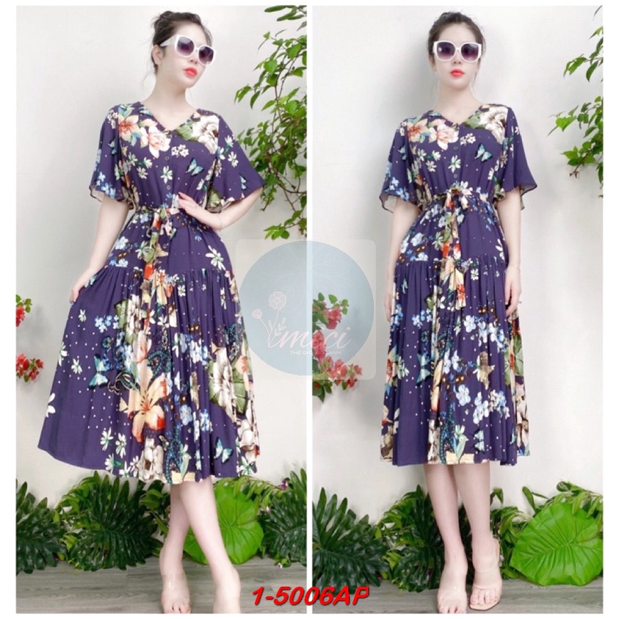 Váy Lanh MICI cao cấp mẫu Midi xòe tay trumpet, váy hoa đi chơi, váy hoa thời trang | BigBuy360 - bigbuy360.vn