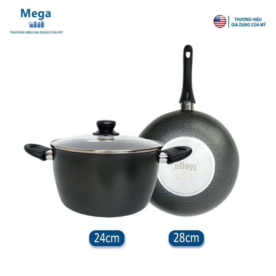 Combo nồi thép carbon & chảo nhôm chống dính cao cấp MEGA - Đen/Đỏ