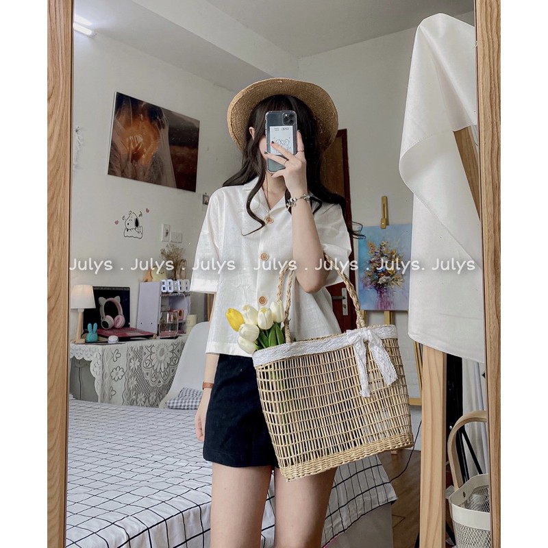Áo croptop cổ vest khuy giả gỗ (ảnh thật shop chụp kèm video)
