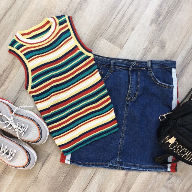 Set áo len thun + chân váy jean sọc