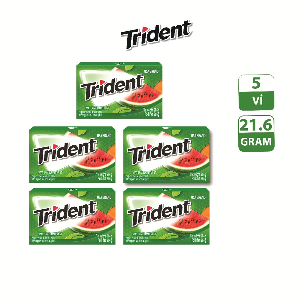 Combo 5 Vỉ Kẹo Cao Su Không Đường TRIDENT Vị Dưa Hấu 5x21,6g