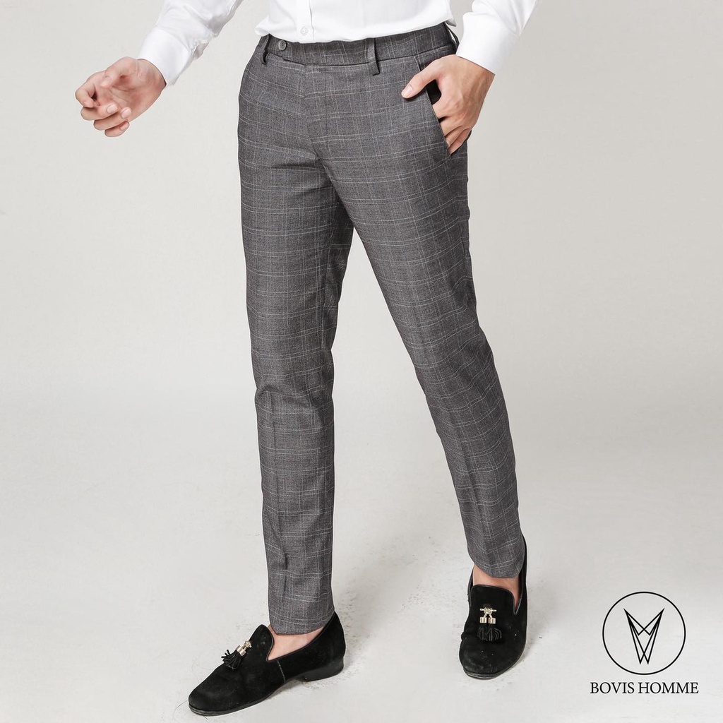 Quần tây nam Bovis Homme, mã QT068, màu xám caro, form slim, chất liệu cotton, mặt vải mềm mỏng. Phom Slim-Fit