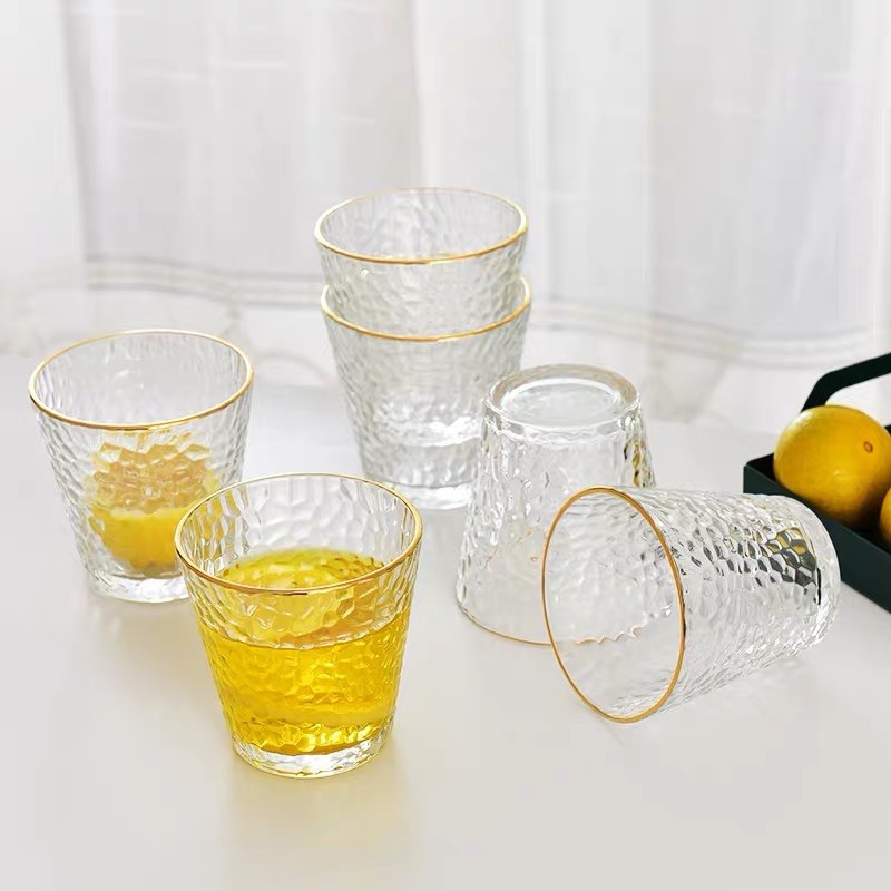 Ly, Cốc thủy tinh viền vàng họa tiết vân nhám