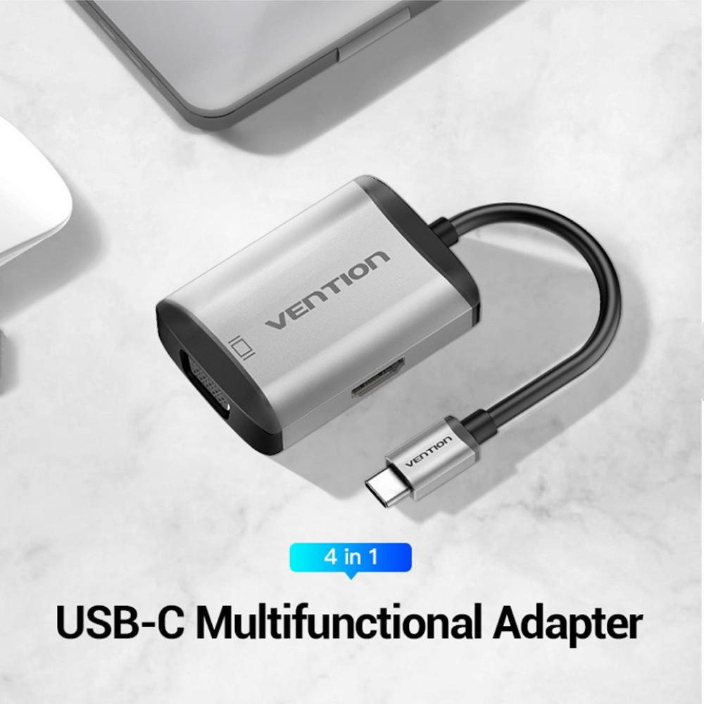 [Mã ELTECHZONE giảm 5% đơn 500K] Cáp chuyển USB Type C to HDMI + VGA + USB + PD (87W) (4 in 1) Vention - TFAHB - BEN