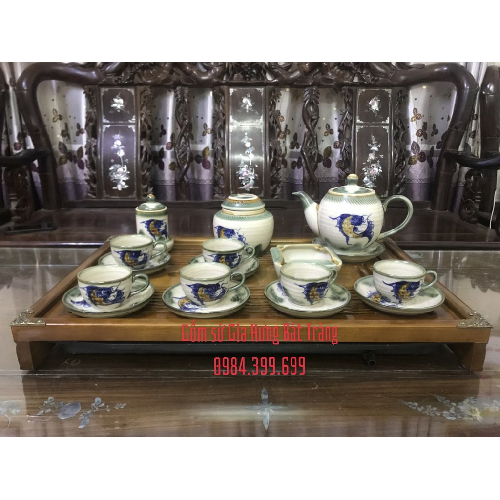 Bộ ấm chén gốm bát tràng vẽ cá