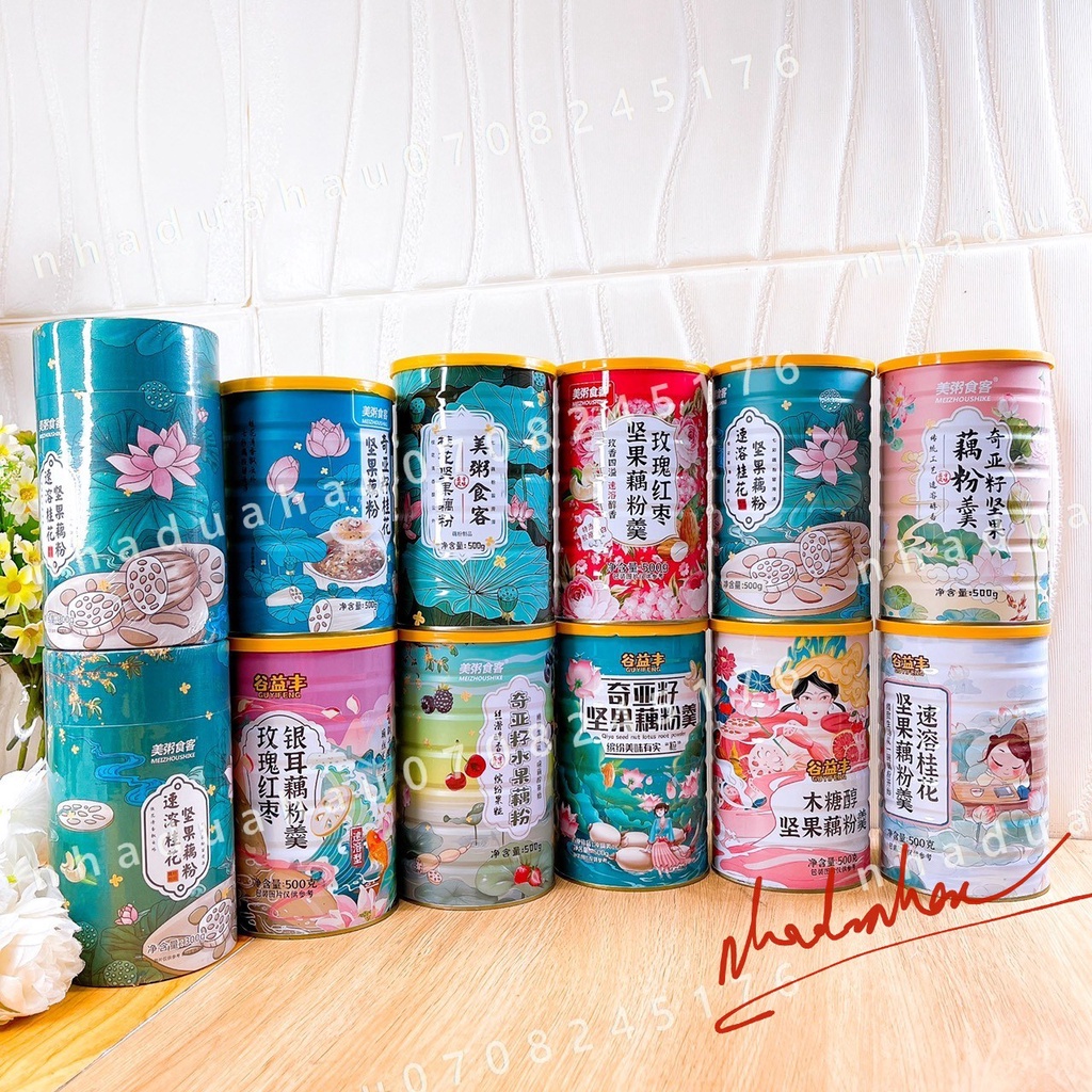 HOT - Một lon bột củ sen mix hạt dinh dưỡng, dưỡng nhan thanh mát ngủ ngon tiện lợi Meizhoushie Hongkong lon 500g