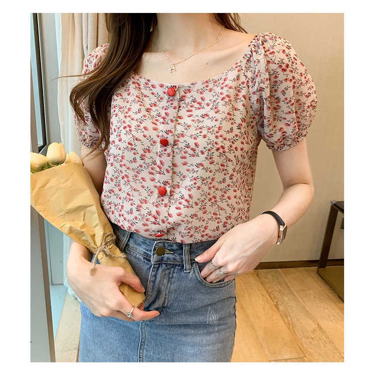 Áo chiffon Ngắn Tay Họa Tiết Hoa Thời Trang Mùa Hè Phong Cách Hàn Quốc Dành Cho Nữ