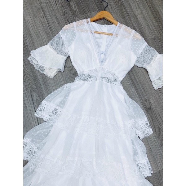 Maxi voan bi xanh biển/trắng hở xẻ ngực, đầm váy dài tiểu thư xoè tầng ren sang trọng, thời trang đi chơi biển du lịch