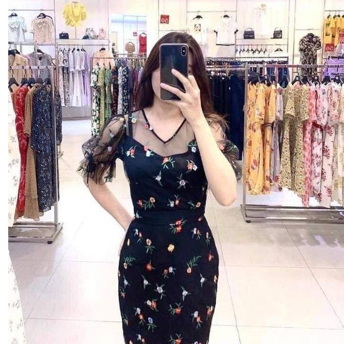 Đầm ôm cổ tim Emspo phối lưới nữ tính chun tay và đính nơ đai eo rời DM3998