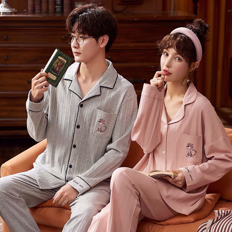 Bộ pyjama mặc nhà cho nam và nữ áo dài quần dài chất cotton mềm