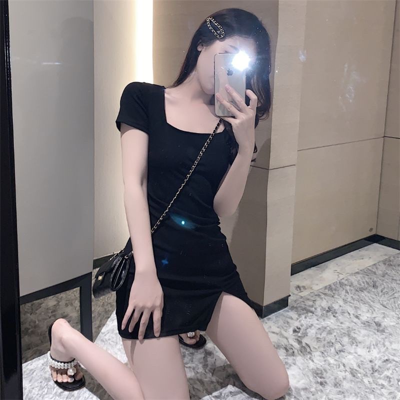 Đầm body,đầm cổ vuông tay ngắn chất thun bo zip mịn mát , co giãn -2 màu đen,xanh