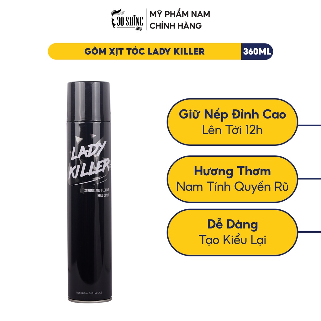 Gôm xịt tóc 30Shine phân phối độc quyền Lady Killer 360ml thách thức nón bảo hiểm giữ nếp tóc suốt ngày dài