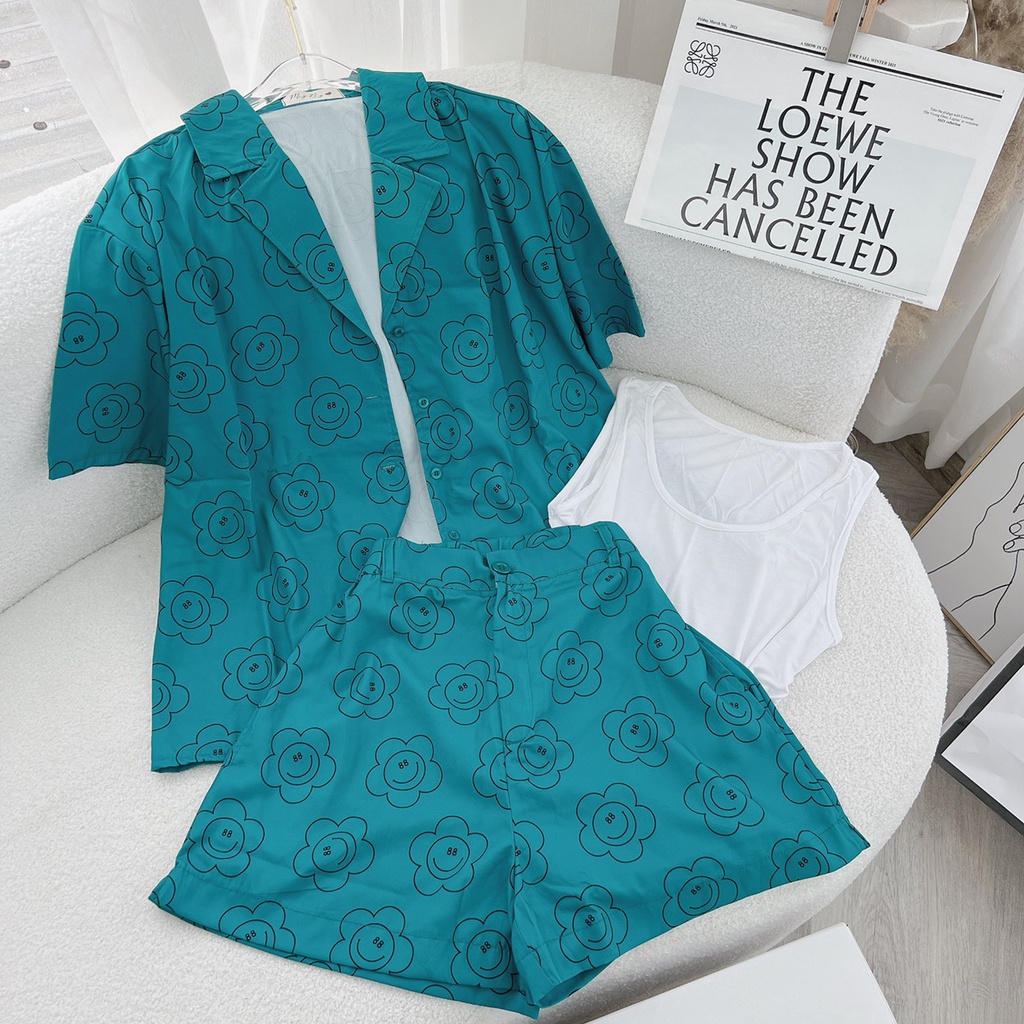 SET 3 MÓN:ÁO KHOÁC CỔ VEST TAY NGẮN + ÁO 3 LỖ TRẮNG + SHORT HOẠ TIẾT HOA