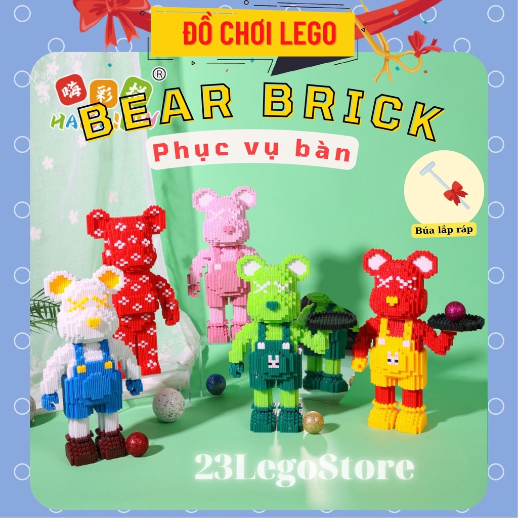 Bộ đồ chơi lắp ghép gấu BearBrick Phục vụ bàn mặc yếm cỡ lớn 34cm (tặng kèm búa lắp ráp)