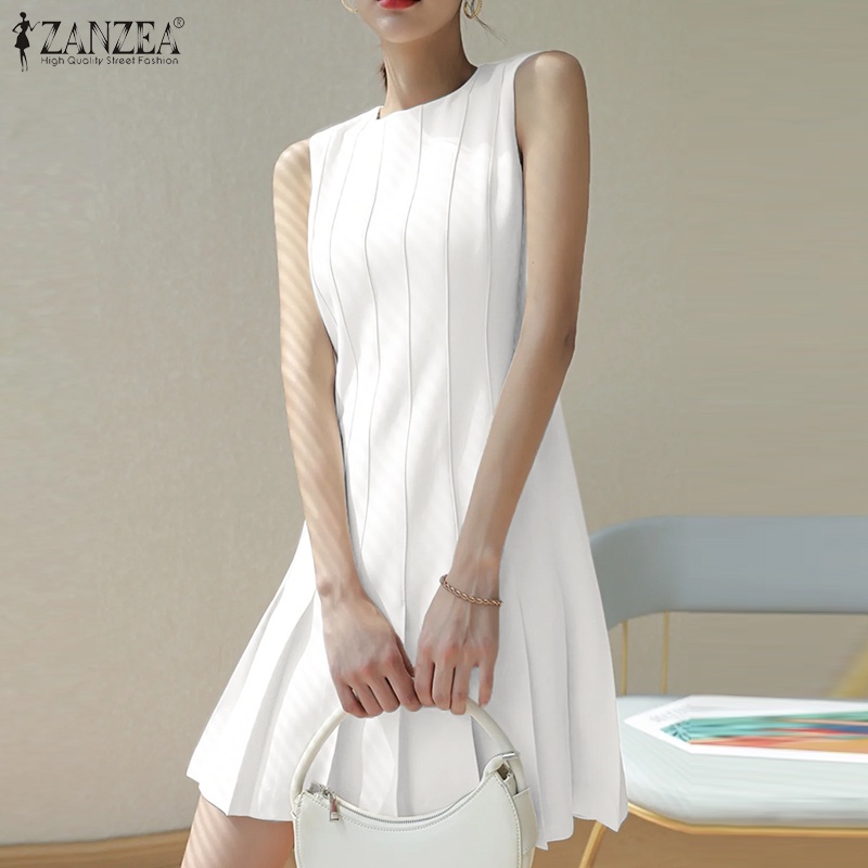 Đầm mini ZANZEA không tay cổ tròn thiết kế xếp ly thời trang cho nữ