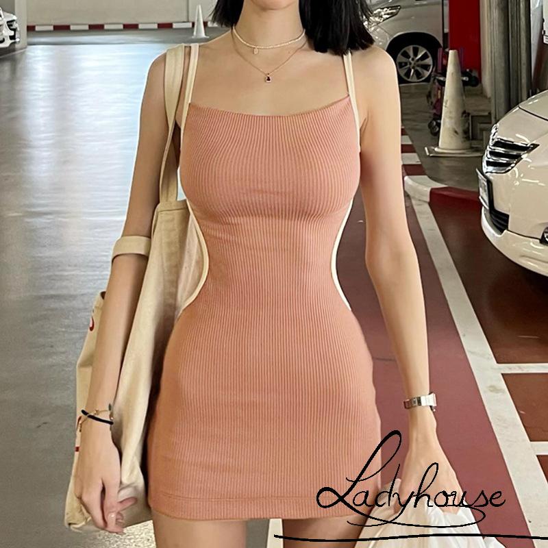 Đầm Hai Dây Hở Lưng Ôm Dáng Màu Tương Phản Cho Nữ