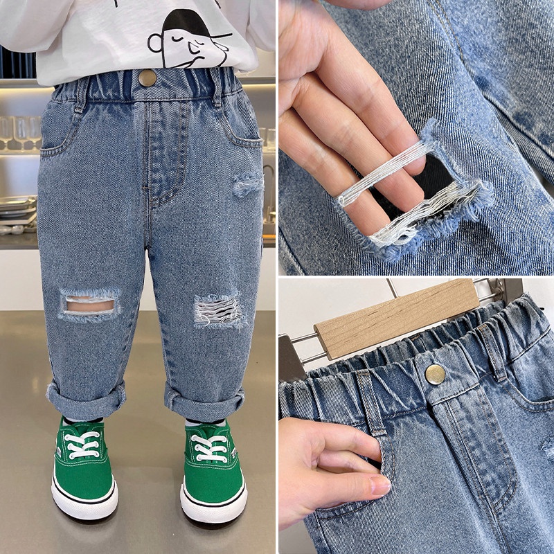 Quần jean bé trai cạp chun quần dài bò trẻ em dáng baggy rách gối Magickids quần áo trẻ em QD22019