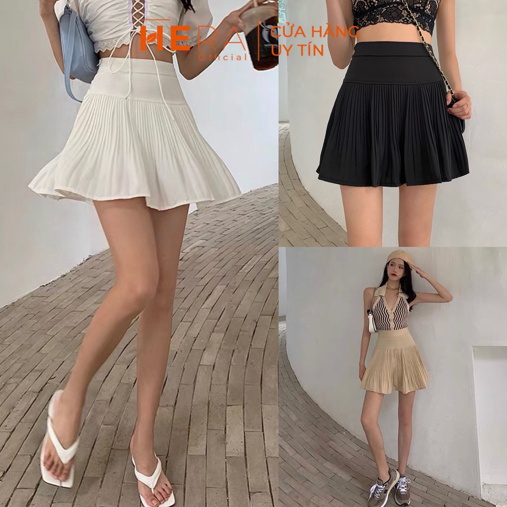 Chân váy xếp li ngắn lưng cao dáng chữ A.