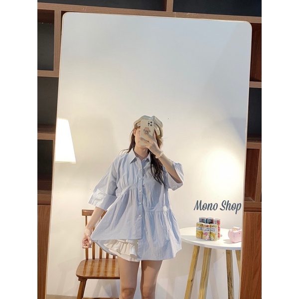 [Mã SKAMLTSM9 giảm 10% đơn 99K] Áo sơ mi cộc tay vạt lệch nhún cách điệu, áo babydoll nhún eo (ảnh thật/sẵn)
