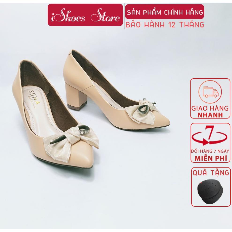. Giày SUNA da lì đính nơ cao cấp gót vuông cao 5cm - D798 ;.