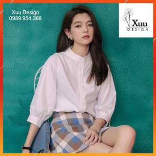 Áo Sơ Mi Nữ Trắng tay bồng cổ tàu Xuu Design,Sơ mi kiểu