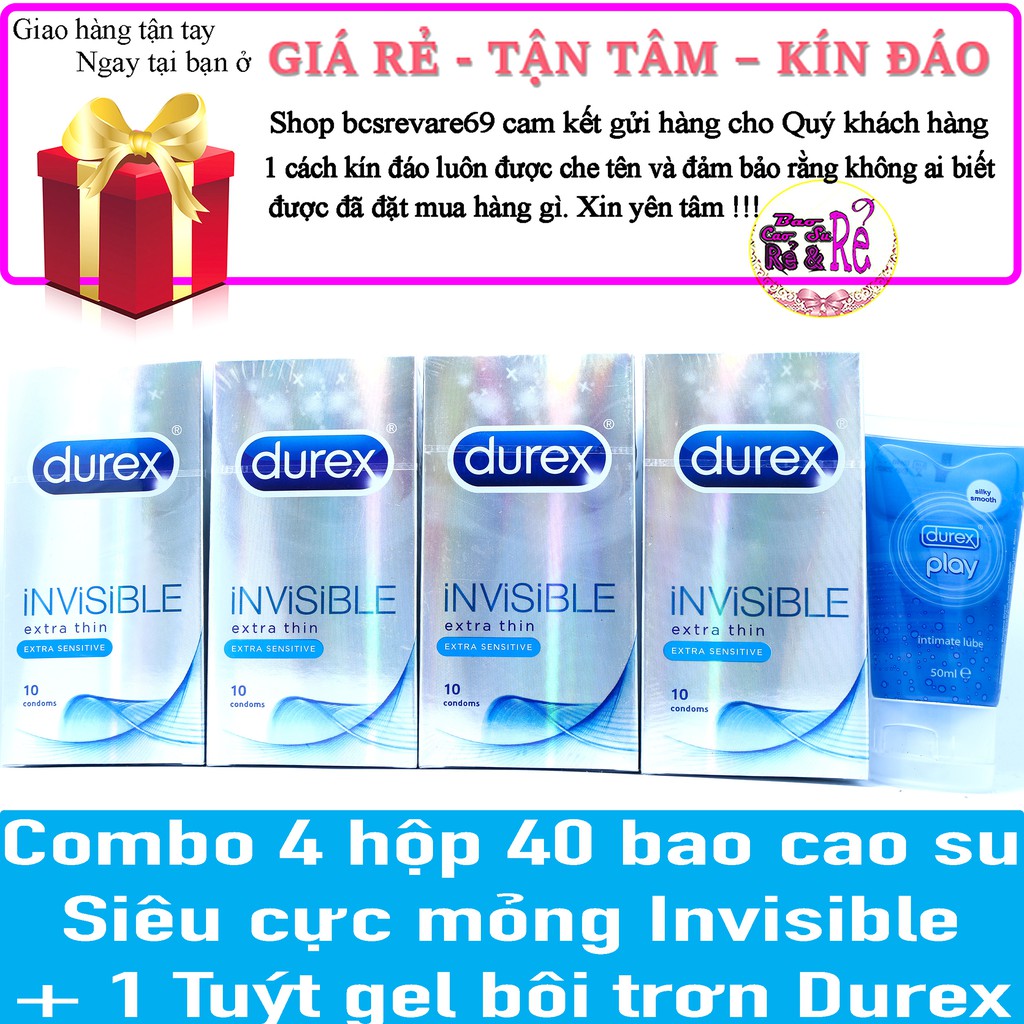 [FREE SHIP] Combo 4 Hộp 40 Bao Cao Su SIÊU CỰC MỎNG Durex INVISIBLE + 1 tuýt gel bôi trơn Durex Play
