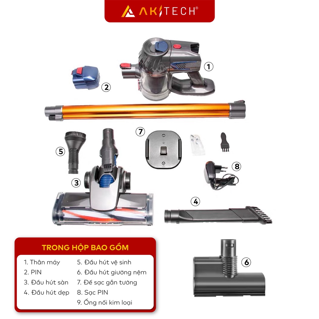 Máy hút bụi cầm tay không dây AKI PRO V6 hút bụi gia đình, nhà cửa, giường nệm, sofa, xe hơi, lực hút 21000Pa