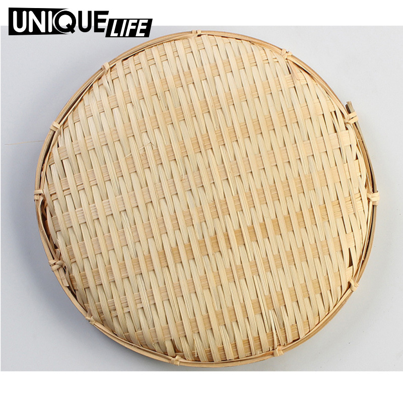 [Unique Life]2xBamboo Plate Bamboo Weave Sieve Groceries Baskets Circular Receive L