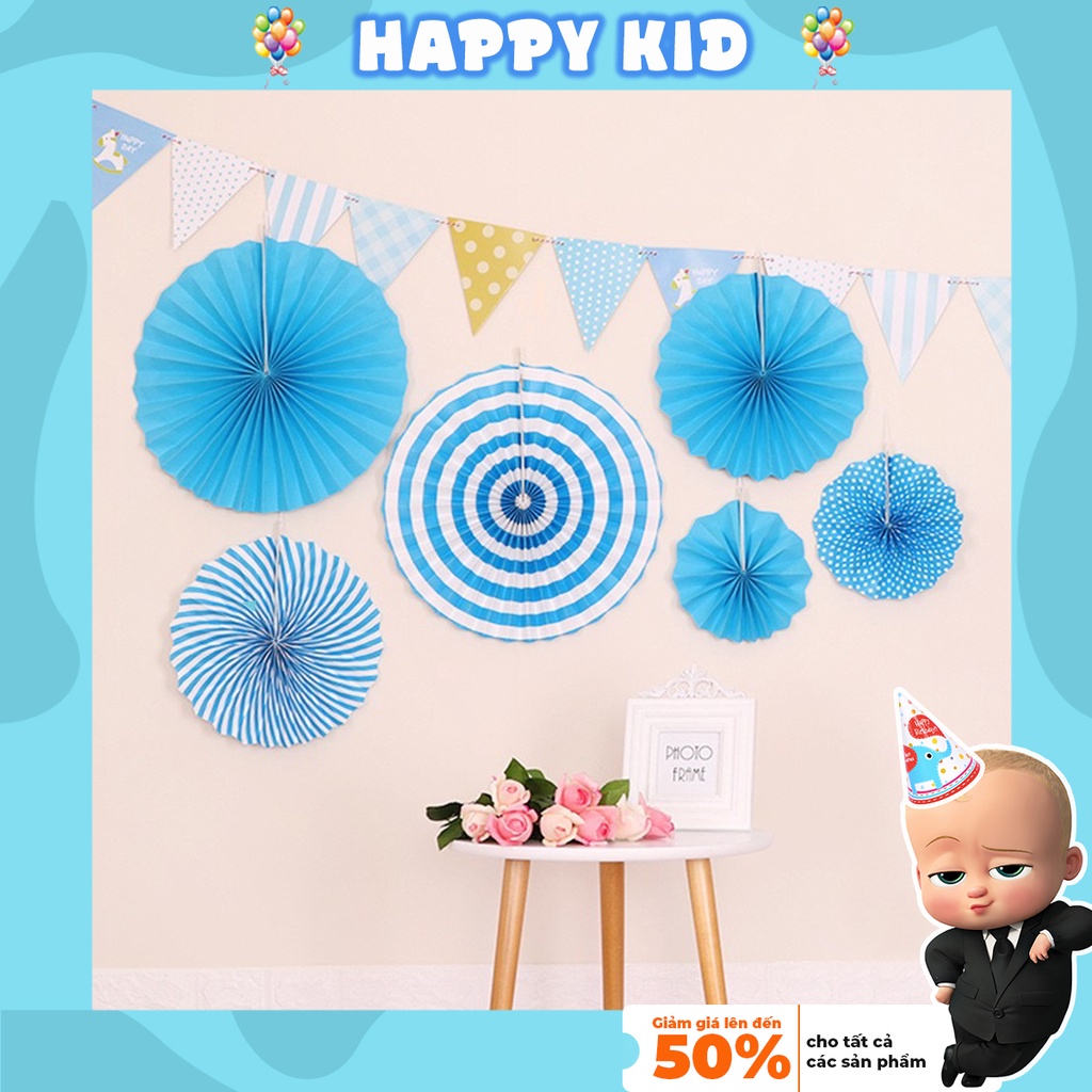 Quạt giấy trang trí sinh nhật thôi nôi phòng cưới decor treo tường bộ 6 cái HAPPYKID QGTTSN