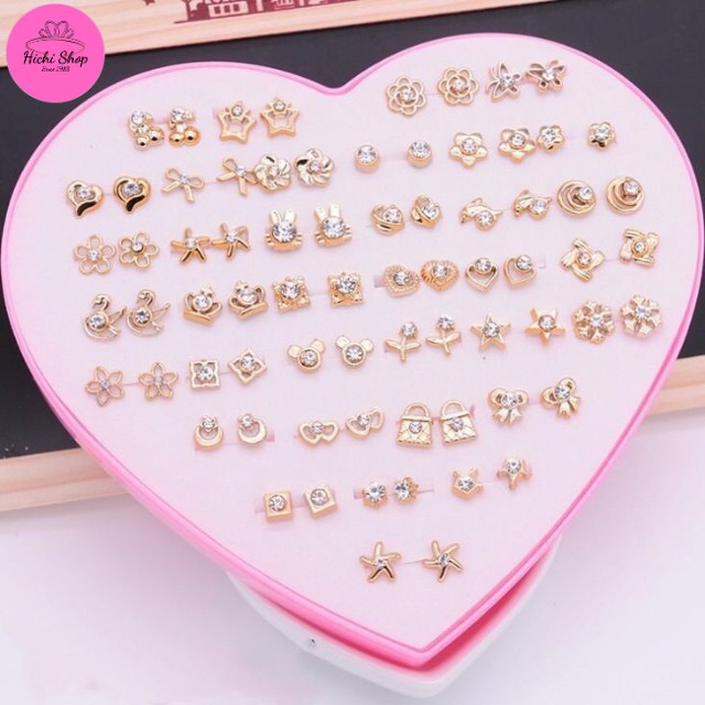 Set 36 đôi khuyên tai hộp trái tim, bông tai nhựa, hoa tai đính đá nhiều kiểu dáng