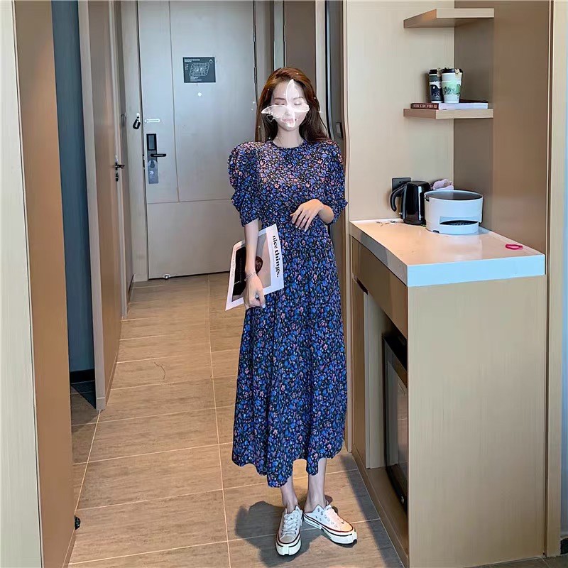 Đầm hoa tay bồng eo chun, Đầm hoa dáng dài phong cách thời trang Hàn Trung