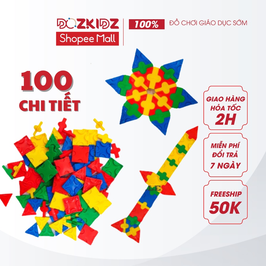 Đồ chơi trẻ em túi 100 chi tiết xếp hình nhựa nguyên sinh, đồ chơi cho bé từ 3 tuổi trở lên - Dozkidz
