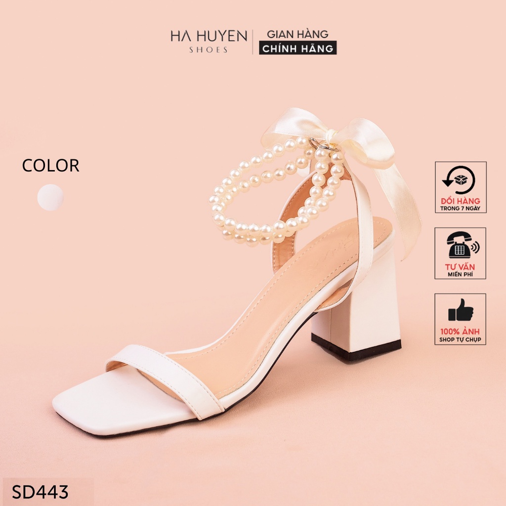 Dép cao gót Hà Huyền Shoes gót vuông lì quai ngọc thắt nơ lụa 6p - SD443