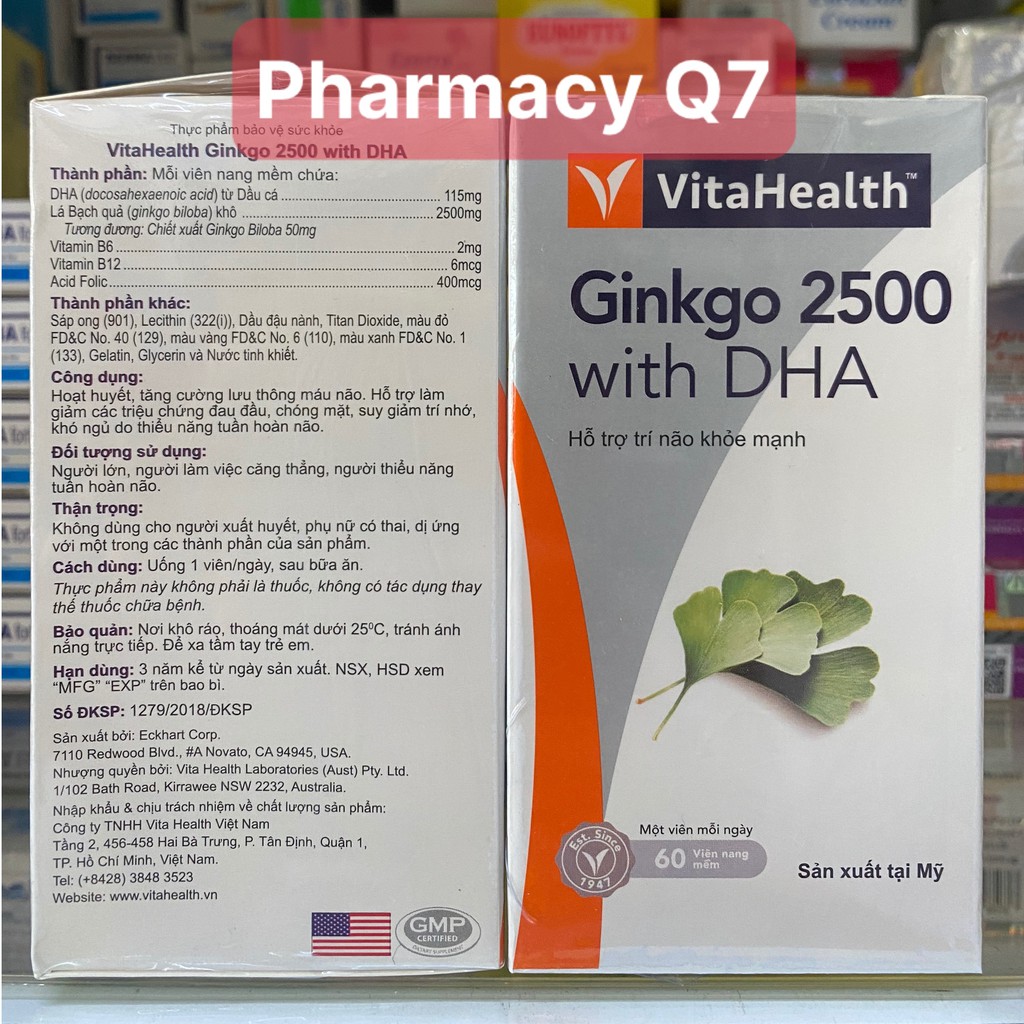 Vitahealth Ginkgo 2500 With DHA Mỹ Viên Uống Hộp 60 Viên