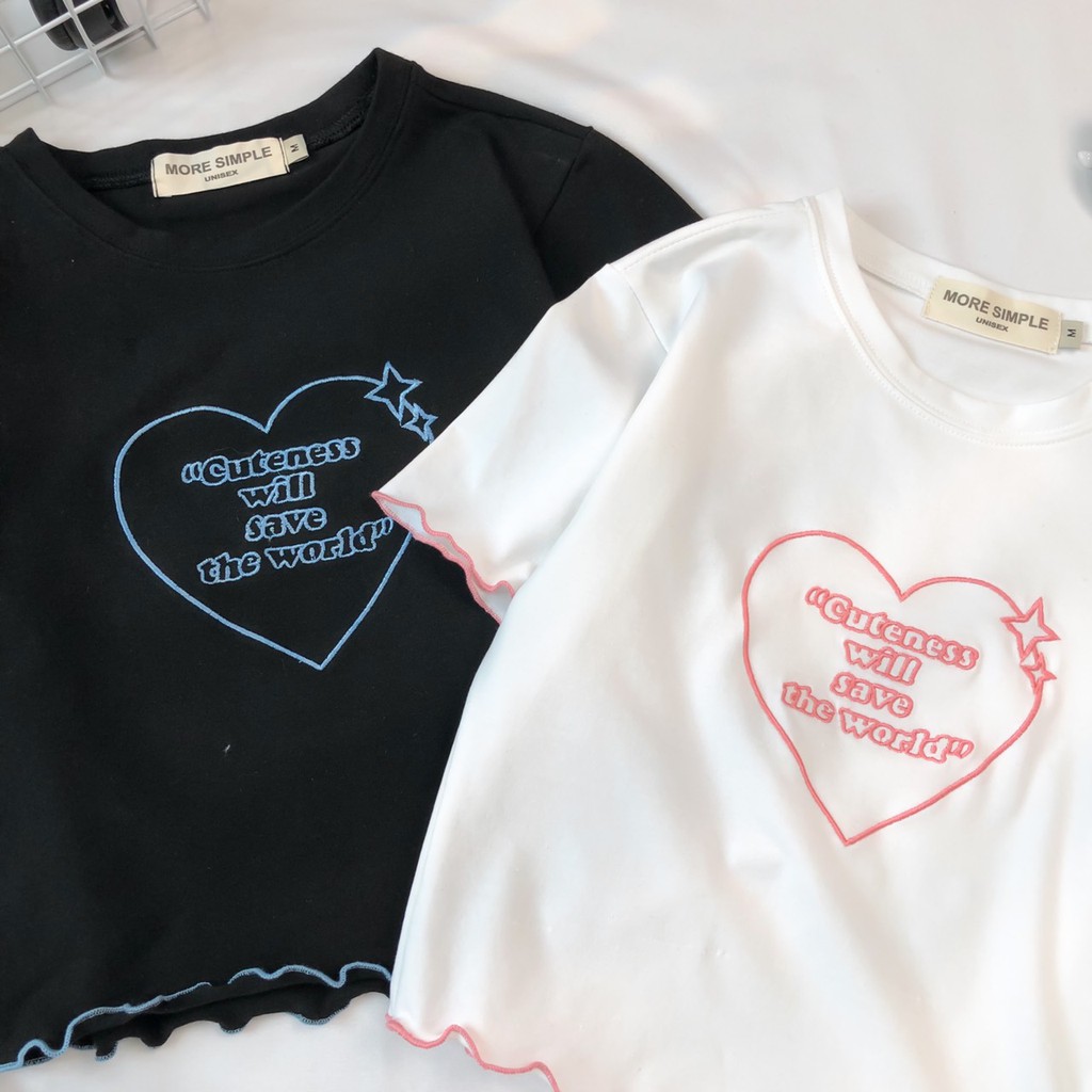 Áo Croptop Nữ Tay Ngắn Thêu Họa Tiết Trái Tim Xinh Xắn Phong Cách Ulzzang - Tuni Store