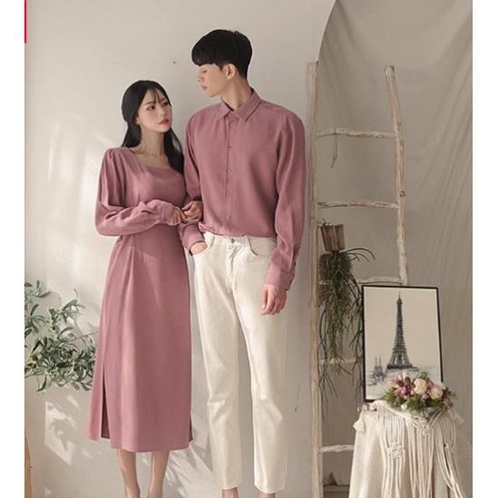 Set váy áo sơ mi namô🎀FREESHIP🎀  Set đồ đôi áo sơ mi nam váy nữ dáng dài cổ vuông buộc eo Hàn Quốc AV73 YAME Couple  ྇