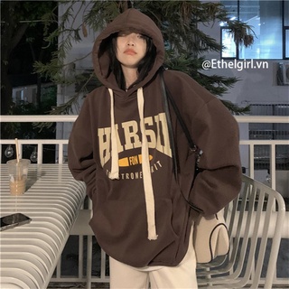 Ethelgirl Áo hoodie tay dài dáng rộng vải nhung dày in chữ dễ phối đồ phong cách đường phố