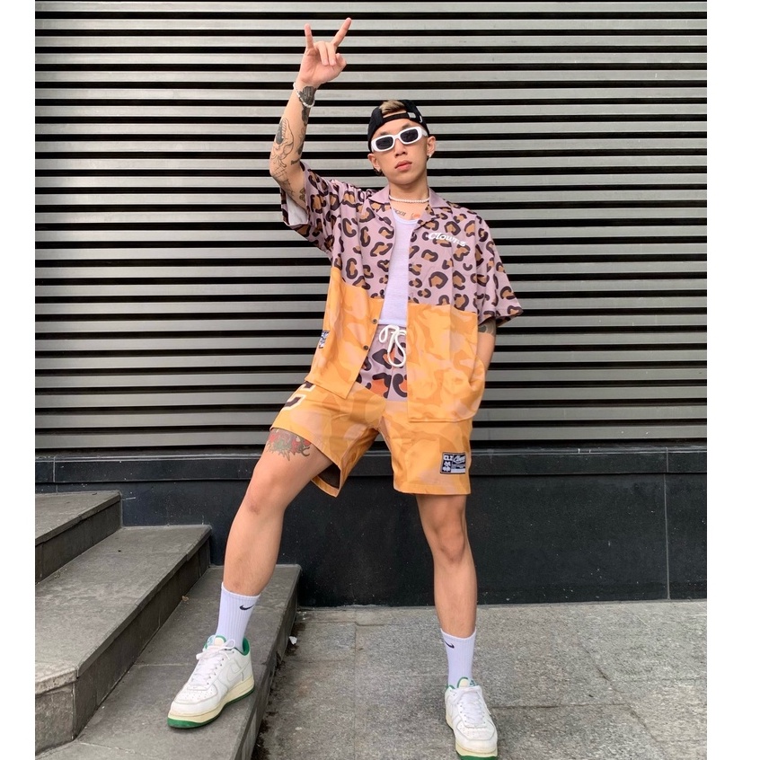 Set sơ mi ngắn tay local brand Clownz Leopard Camo Mix họa tiết da báo unisex nam nữ form rộng