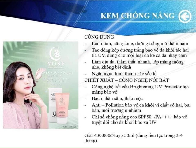 Kem chống nắng dưỡng trắng Yose Toneup Sun Cream  SPF 50+ PA++++