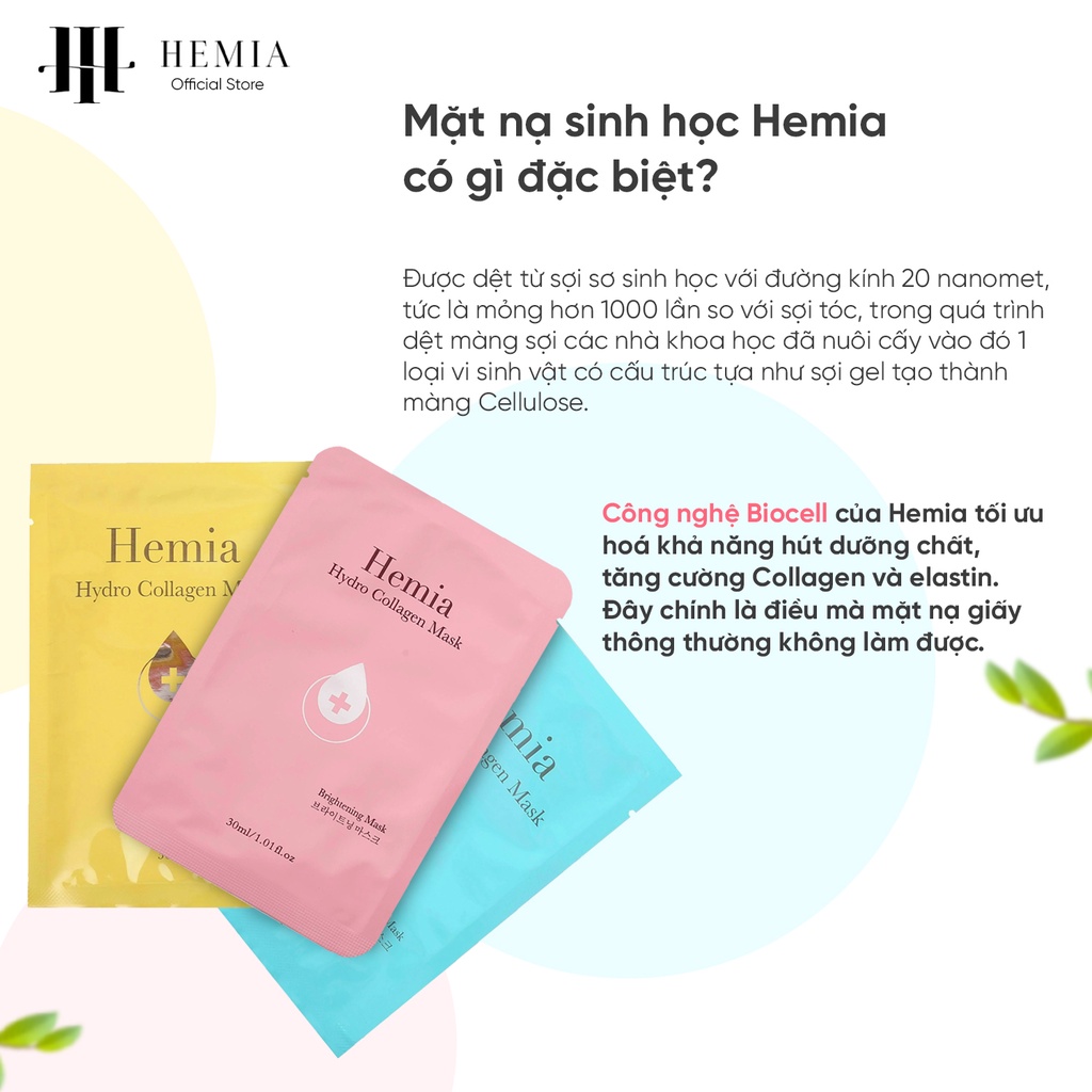 Mặt nạ sinh học Hemia dưỡng ẩm trắng da bổ sung collagen chống lão hoá hộp 1, 3, 5 miếng x 30ml