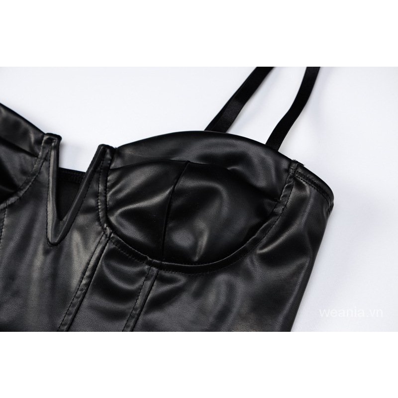 Set áo sát nách và chân váy da PU cạp cao ôm dáng quyến rũ