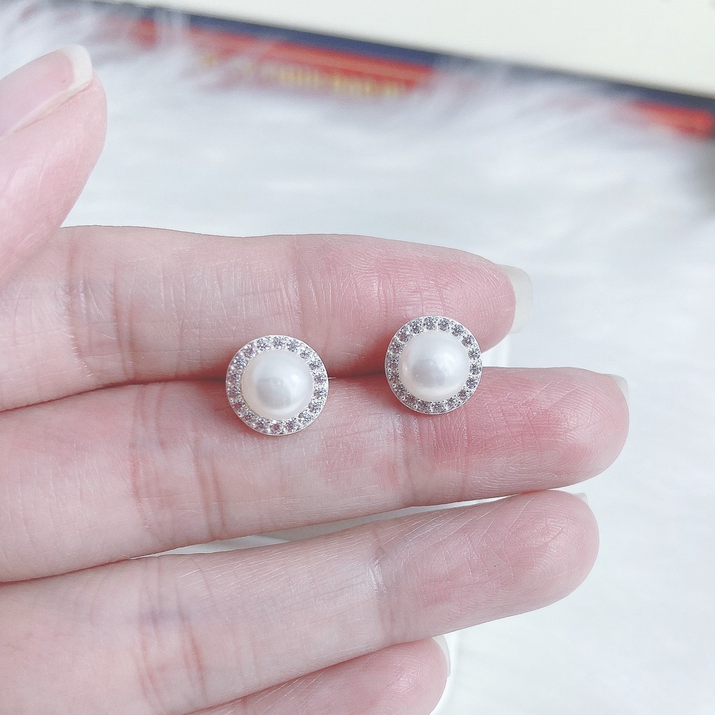 Bông tròn đính hạt li to, khuyên tai chất liệu bạc ta sang trọng - Trang sức bạc Evasilver