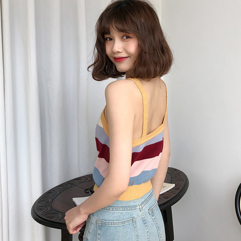 Áo Hai Dây Và Ba Lỗ Áo Dệt Kim Không Tay Phối Hoạ Tiết Kẻ Sọc Ngang Nữ Tính