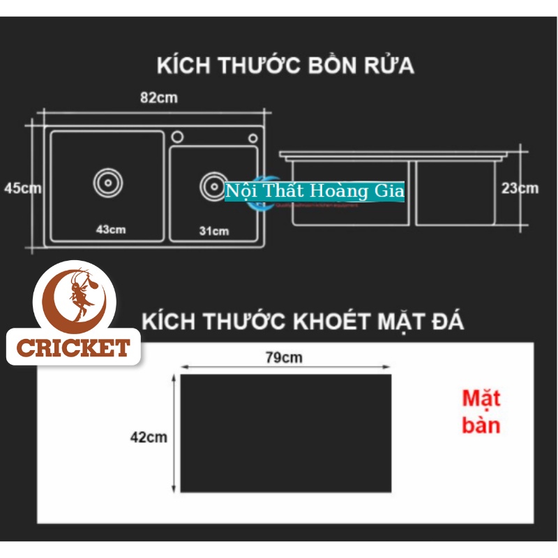 Chậu rửa chén đúc liền khối 82x45cm, 2 HỘC LỆCH (KB8245L) - INOX SUS 304 - Bồn rửa chén inox 100%