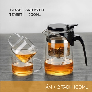 Bộ ấm trà thủy tinh lõi lọc pc sag08209 500ml - bộ bình lọc trà thủy tinh 500ml và 2 tách 100ml - shop samahome